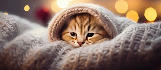 Poster - Cozy kitten snuggled under a warm blanket nestled against a festive background featuring a Christmas tree Ample space available for adding text