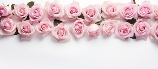 Sticker - The copy space image features a stunning arrangement of delicate pale pink roses forming a frame against a white background The top down perspective enhances the visual appeal of this floral composit