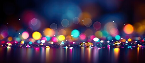 Aufkleber - A vibrant and abstract image with colorful rainbow drops and sparkles set against a dark background The rainbow creates a bokeh effect appearing as lines overlaying the image Copy space image