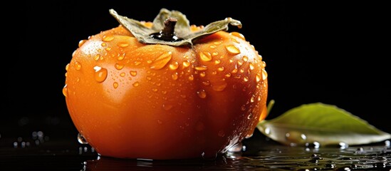 Poster - A close up side view of a persimmon resting on a wooden background adorned with water droplets There is plenty of copy space available for text or additional elements