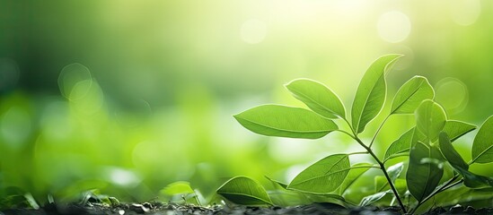 Aufkleber - A tranquil green leaf surrounded by lush greenery in a garden The image features a copy space and natural bokeh created by daylight Its colors and atmosphere evoke a sense of relaxation and freshness