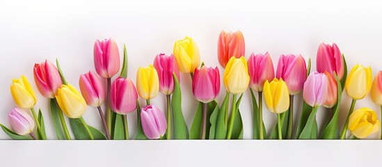 Fototapete - A greeting card adorned with vibrant pink and yellow tulips set against a clean white background providing ample copy space for adding personalized messages or images