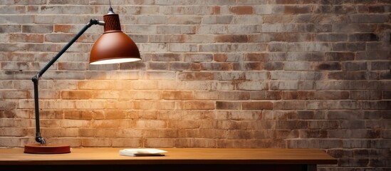 Poster - A sleek desk lamp with a modern design sits on a white wooden table positioned next to a textured brick wall There is ample room for adding text or images