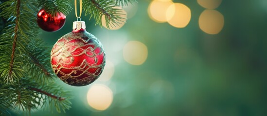 Poster - A festive Christmas tree ornament in red and green sits on a thuja branch against a sunny green backdrop creating a cheerful atmosphere for the holiday season Copy space image