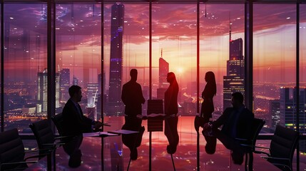A group of business partners having a serious discussion around a table with a cityscape view