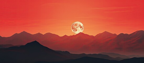 Poster - A nature photograph featuring towering mountains and a vibrant summer sunset with a large red sun against a dark sky offering ample copy space