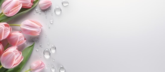 Poster - Top down view of a flat lay arrangement featuring a podium or pedestal adorned with tulips and water ripples This cosmetic themed template offers ample copy space