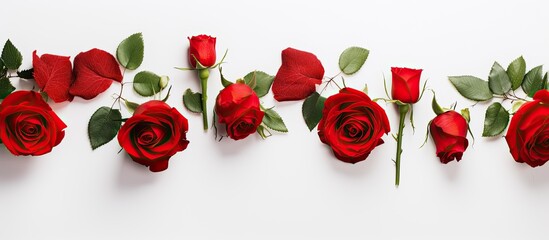 Aufkleber - A top view of a white background showcasing gorgeous red roses and buds Ample space is available for adding text The image is presented as a flat lay