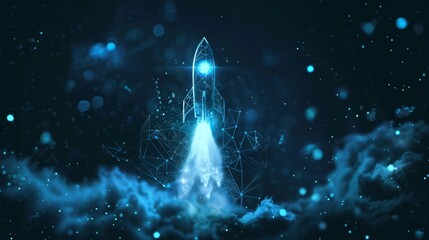 Wall Mural - Blue glowing light bulb rocket launch with a wireframe light connection structure. Low poly style design with an abstract geometric background. Isolated illustration. Modern 3D graphic concept