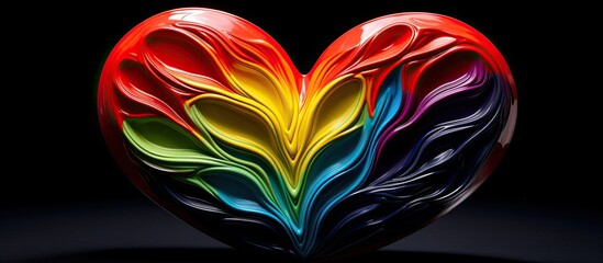 Fototapete - A vibrant heart shaped in various colors placed on a black plate against a clean white backdrop leaving ample copy space for an image 146 characters
