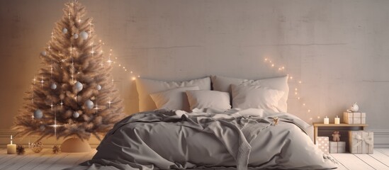 The photo shows a cozy bedroom with a well decorated Christmas tree and a comfortable bed It exudes a Scandinavian style and captures the essence of the new year and winter holidays The image is a pe