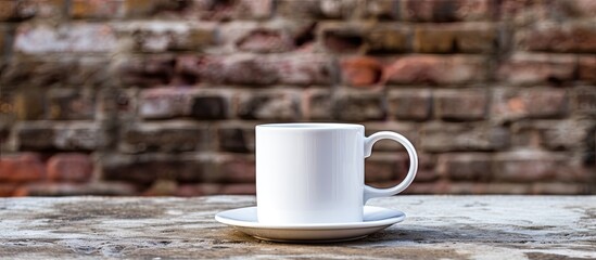 Aufkleber - A stylish white cup of tea or coffee placed on a stone table with a brick wall as the background creating a visually appealing copy space image