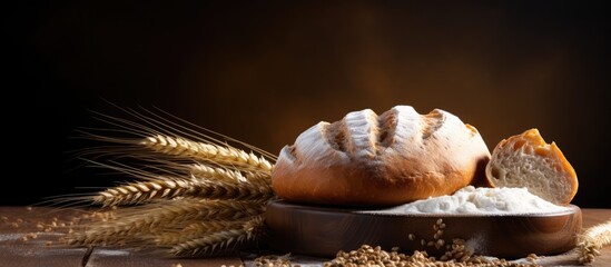 Wall Mural - High quality photo of a round whole bread placed on a wooden cutting board with flour sprinkled on it along with spikelets of cereals on a dark table. Creative banner. Copyspace image