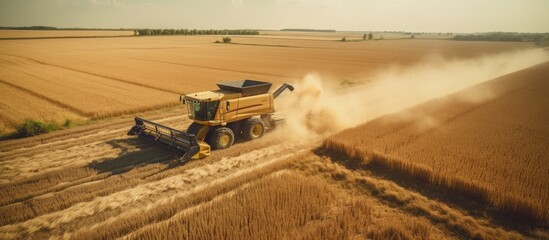 Sticker - A drone captures a bird s eye view of a rural landscape with a combine harvester working in a field during the late summer wheat harvest collecting golden ripe seeds The image provides plenty of copy