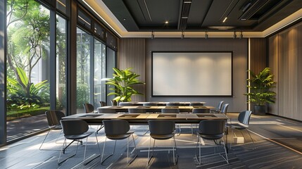 A modern conference room with a large screen and empty chairs awaiting a meeting