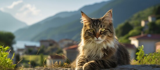 Poster - In a rural village there is a solitary and beautiful cat gracefully positioned outdoors with a scenic background allowing for copy space in the image