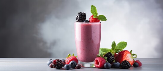 Poster - A healthy lactose free diet can be enjoyed with a refreshing organic berry and vegetable smoothie made with oat milk showcased against a light background with copy space for an appealing visual prese