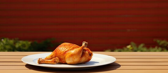Wall Mural - An image featuring a chicken leg placed on an orange plate which sits atop a light wooden table with ample empty space around it for copy 158 characters