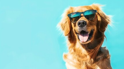 Wall Mural - Golden retriever wearing sunglasses against a bright blue background, looking happy with tongue out.