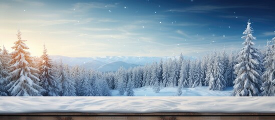 Fototapete - A picturesque winter landscape with snow covered fir trees and a wooden table top creating a perfect setting for a Merry Christmas and happy New Year greeting background The image features a combinat