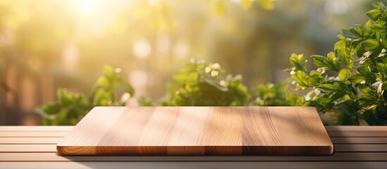Aufkleber - A wooden board with shadows and a blurred background from a spring window creates a copy space image perfect for showcasing products on a sunny warm day