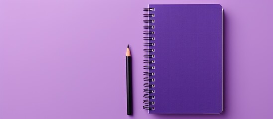 Fototapete - An image of a school notebook with a pencil is placed on a violet background The same notebook is then seen on a purple desk in an office setting. Creative banner. Copyspace image