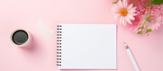 Fototapete - High quality photo of a flat lay style with a pink work desk featuring a blank notebook office supplies and a lettering that says Hello The top view offers a copy space image