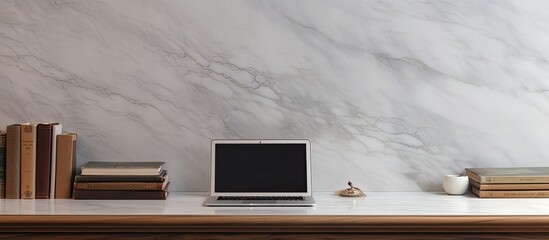 Poster - A pristine marble desk in an office setting displays a laptop along with supplies The desk offers ample workspace and room for additional visuals or text