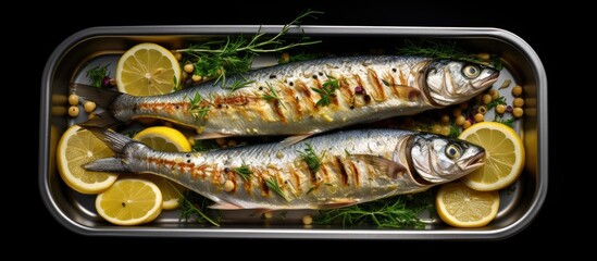 Sticker - A steel tray holds a baked mackerel Scomber fish seasoned with thyme and lemon The dish is presented on a white background with no other objects around creating a clean and isolated copy space image