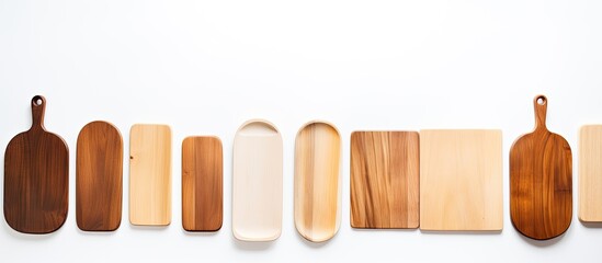 Fototapete - A top down view of cutting boards and wooden spatulas on a white background offering a copy space image and conveying the concept of culinary backgrounds