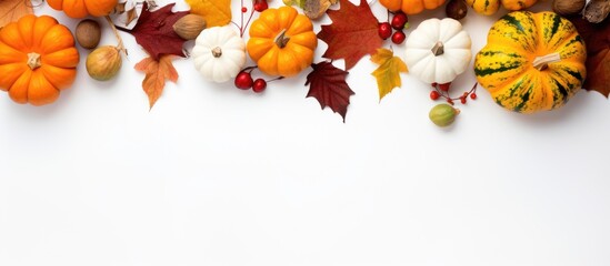Wall Mural - A top down view of a white background adorned with pumpkins leaves and other autumnal elements perfect for Thanksgiving and Halloween Ample space is available for additional content in the image