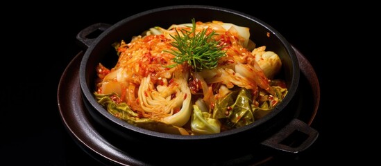 Wall Mural - This is a top view image of a black dish containing Chinese cabbage kimchi a popular dish in Korean cuisine with a black background Copy space image