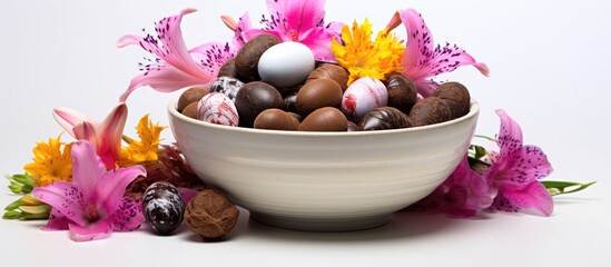 Sticker - On a soft white background a vintage bowl holds a chocolate ball surrounded by frangipani flowers and multicolored chocolate candy There is plenty of space available for text. Creative banner