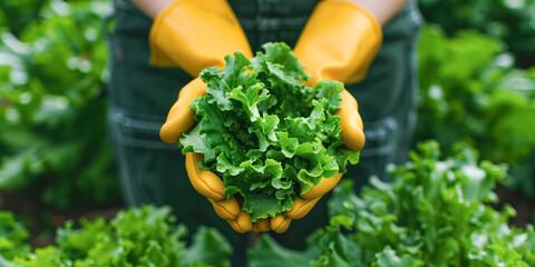 Freshly Harvested Lettuce in Gardeners Hands. A close-up of hands wearing yellow gloves holding freshly harvested lettuce with lush green leaves in a garden setting.