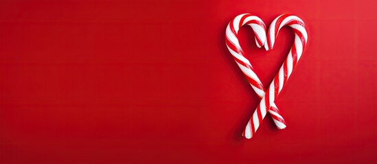 Aufkleber - Christmas themed candy cane stock images featuring a sweet heart shape The candy stick is captured on a vibrant red background providing ample copy space for text