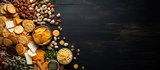 Wall Mural - A variety of snacks like salted crackers dried fish chips nuts peanuts and pistachios are arranged on a black wooden surface providing an open area for text This top down view creates a copy space im