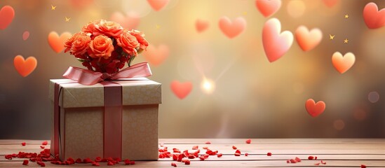 Aufkleber - The celebration and gift concept is symbolized by a gift box adorned with hearts and flowers providing copy space for personalized messages or designs