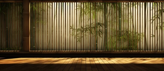 Wall Mural - An Asian themed home is enhanced by the abstract seamless background of a bamboo wood blind window texture with a beautiful interplay of light and shadow on the surrounding trees The copy space image