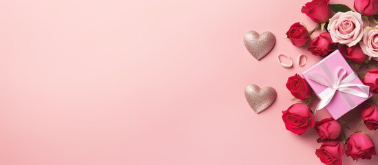 Aufkleber - A top down photo with a pink background features gift boxes roses and a heart creating a Valentine s Day decorations concept with room for additional images