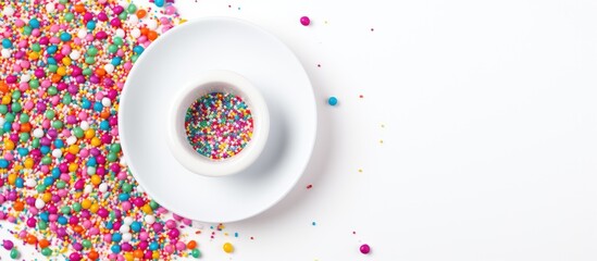 Aufkleber - A vibrant holiday background featuring a mix of colorful sprinkles on a white saucer Perfect for Easter or birthday greetings Can be used for web banners Top view Flat lay Plenty of copy space image