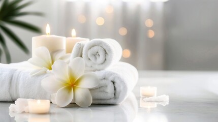 Wall Mural - Serene spa setting with candles, white towels, and frangipani flowers on a reflective surface