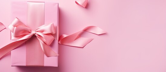 Aufkleber - A top down view of a gift box wrapped in pink ribbon and bow placed on holiday paper with copy space The image creates a flat lay holiday background and represents the concept of a Christmas or birth
