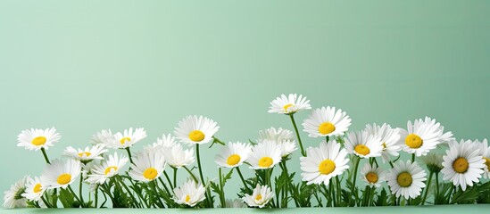 Wall Mural - On a pastel backdrop there is a group of tiny daisies with green stems This image is perfect for the holidays and there is copy space available