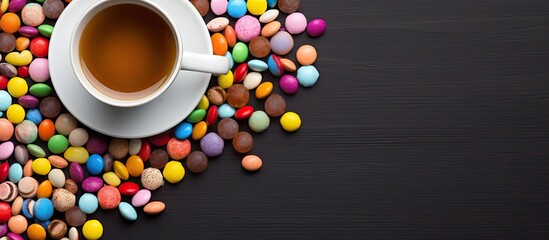 Poster - A top down view of a coffee cup filled with chocolates and colorful candies placed on a table background that provides ample copy space for adding text or images