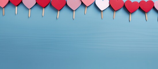 Aufkleber - A flat lay top view of a blue background with red and pink heart shaped paper cutouts attached to wooden sticks creating a Valentine s Day themed image with copy space
