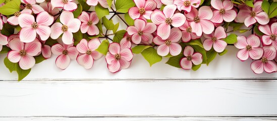 Poster - Close up of a dogwood tree with vibrant pink flowers resembling biscuits surrounded by green leaves against a white wooden background Copy space image