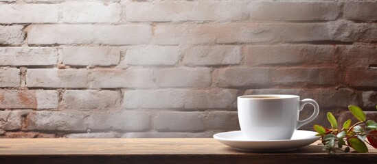 Aufkleber - A stylish white cup of tea or coffee placed on a stone table with a brick wall as the background creating a visually appealing copy space image