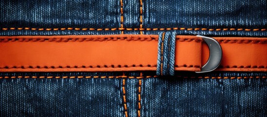 Aufkleber - Close up isolated shot of a denim frame featuring a vibrant orange double seam The denim jean straps add an extra touch to this copy space image