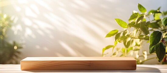 Aufkleber - A wooden board with shadows and a blurred background from a spring window creates a copy space image perfect for showcasing products on a sunny warm day