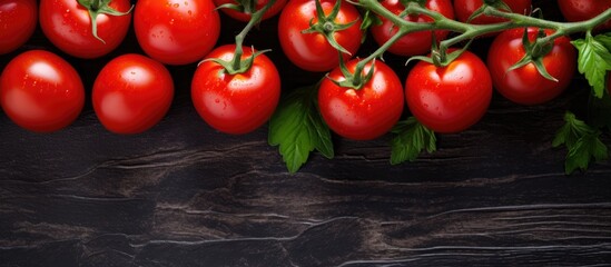 Wall Mural - A top view image of fresh red cherry tomatoes on a branch placed on a kitchen table The image conveys the concept of growing vegetables and healthy eating Copy space is available